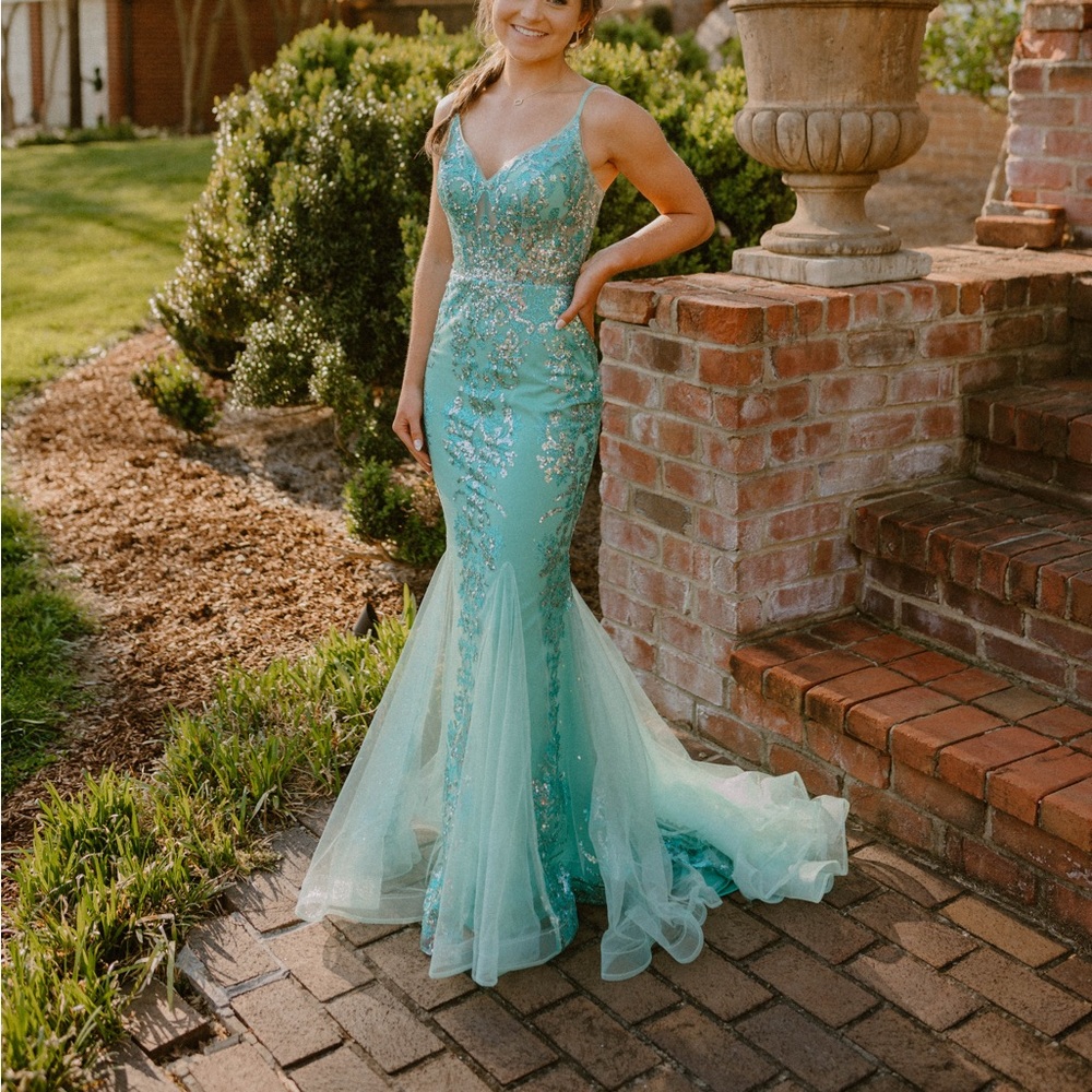 Adorable blue and green dress with a flattering corset top and long train.